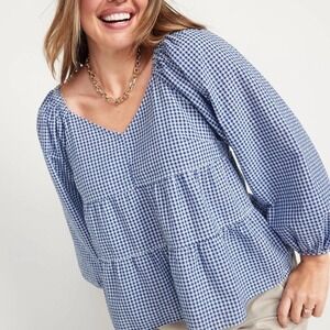 Old Navy Tiered Seersucker Long Sleeve Top Blue White Gingham Plaid Sz M